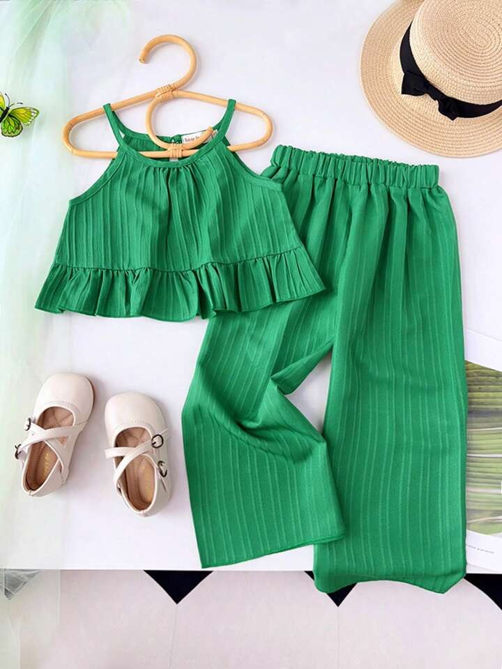 Young Girls' 2pcs/Set Double-Layered Ruffle Edge Camisole Top & Wide Leg Pants Summer Outfits | SHEIN
