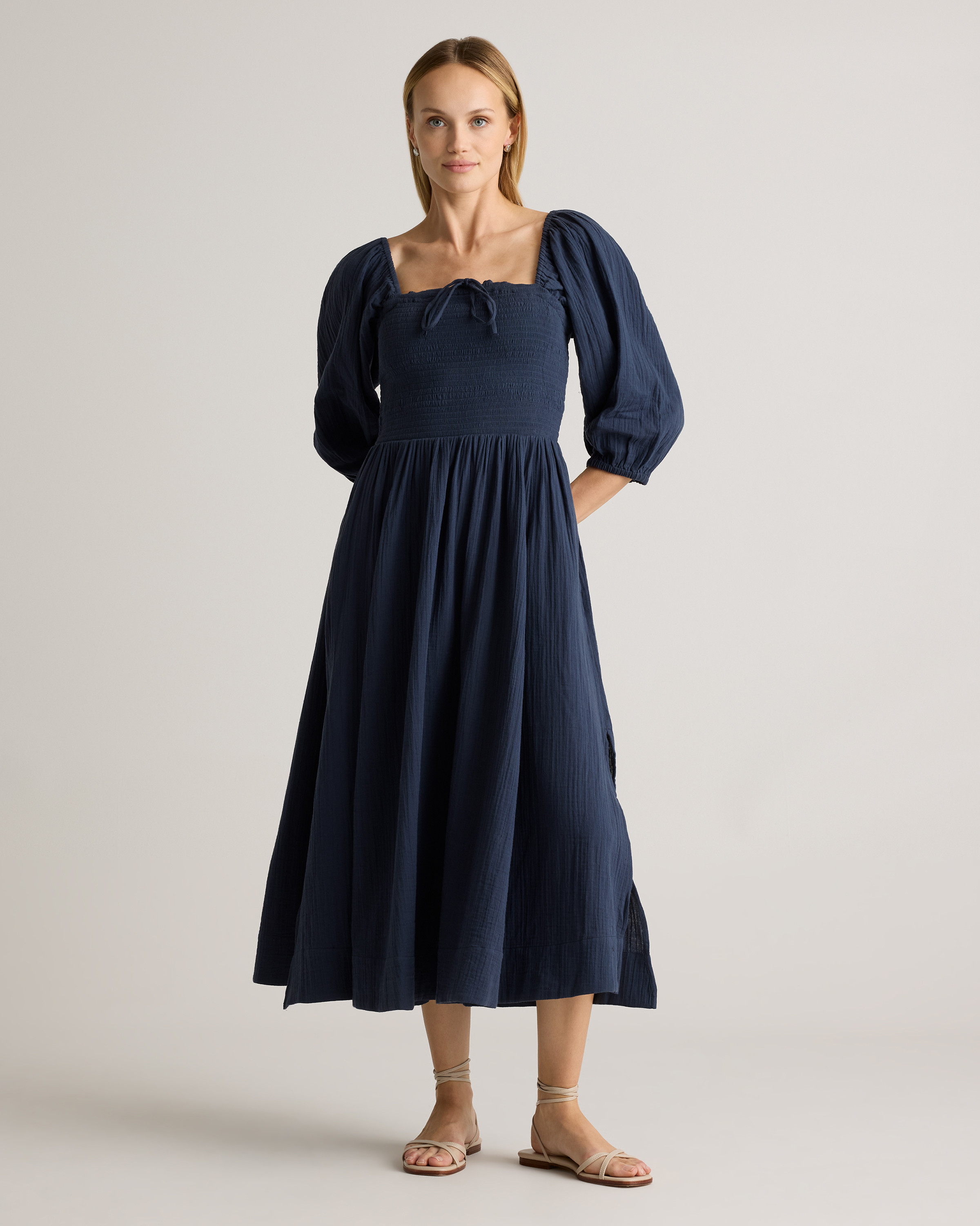 100% Organic Cotton Gauze Smocked Square Neck Midi Dress in Indigo Blue | Quince
