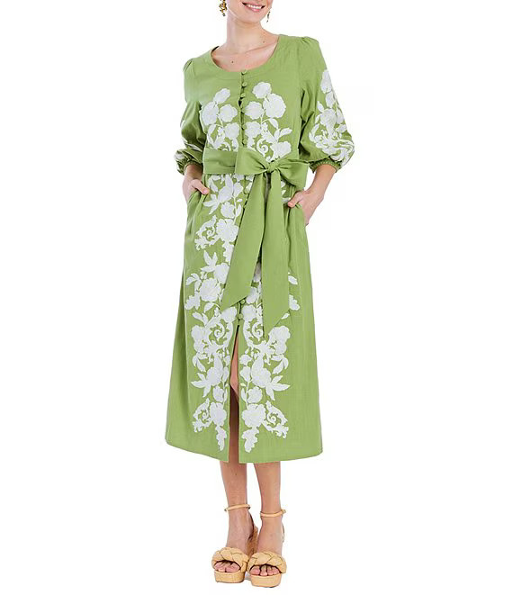 Suzanna Linen Floral Applique Scoop Neck Elbow Sleeve Midi Dress | Dillard's
