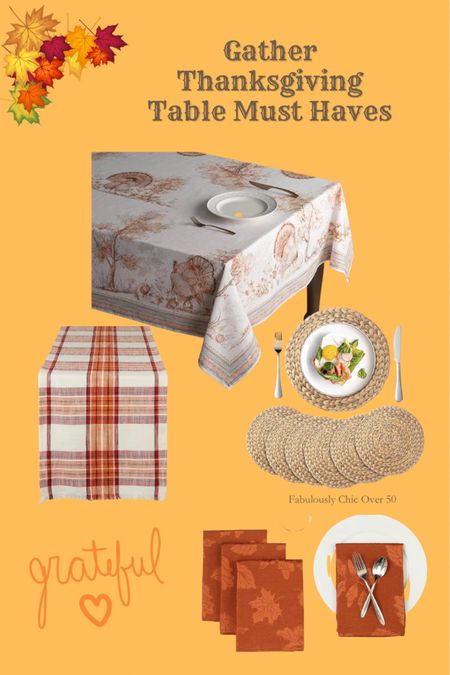 Thanksgiving tablescape must haves.

FESTIVE

Tablecloths
Table Runners
Place Mats
Cloth Napkins

Happy Thanksgiving, friends! 
🍂 🦃 🍂

#LTKfindsunder50 #LTKHoliday #LTKhome