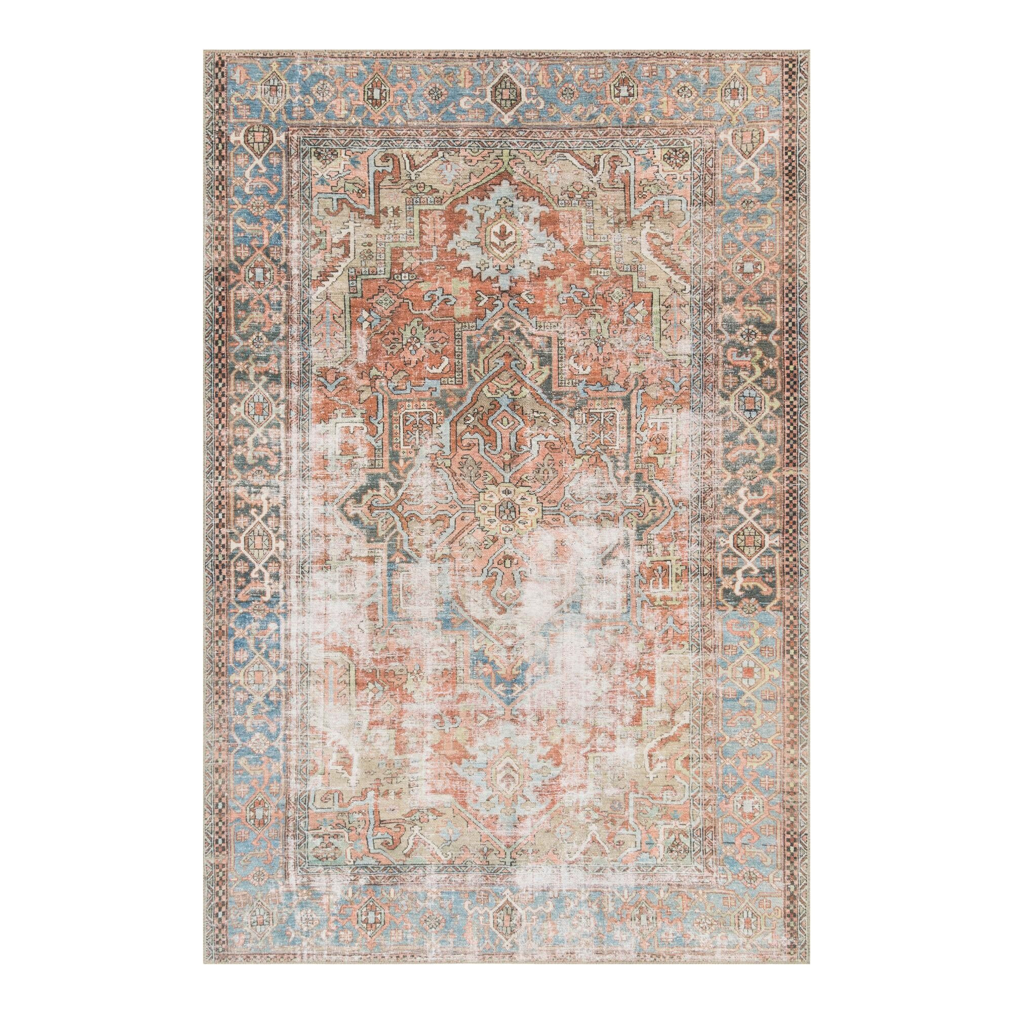 Terracotta and Blue Distressed Lauren Area Rug: Rust - Polyester - 3' x 5' by World Market | World Market