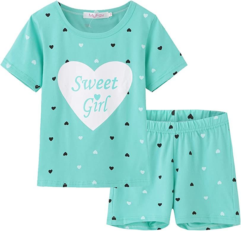MyFav Big Girls Summer Pajama Set Heart Shape Printed Cute Sleepwear Shorts | Amazon (US)