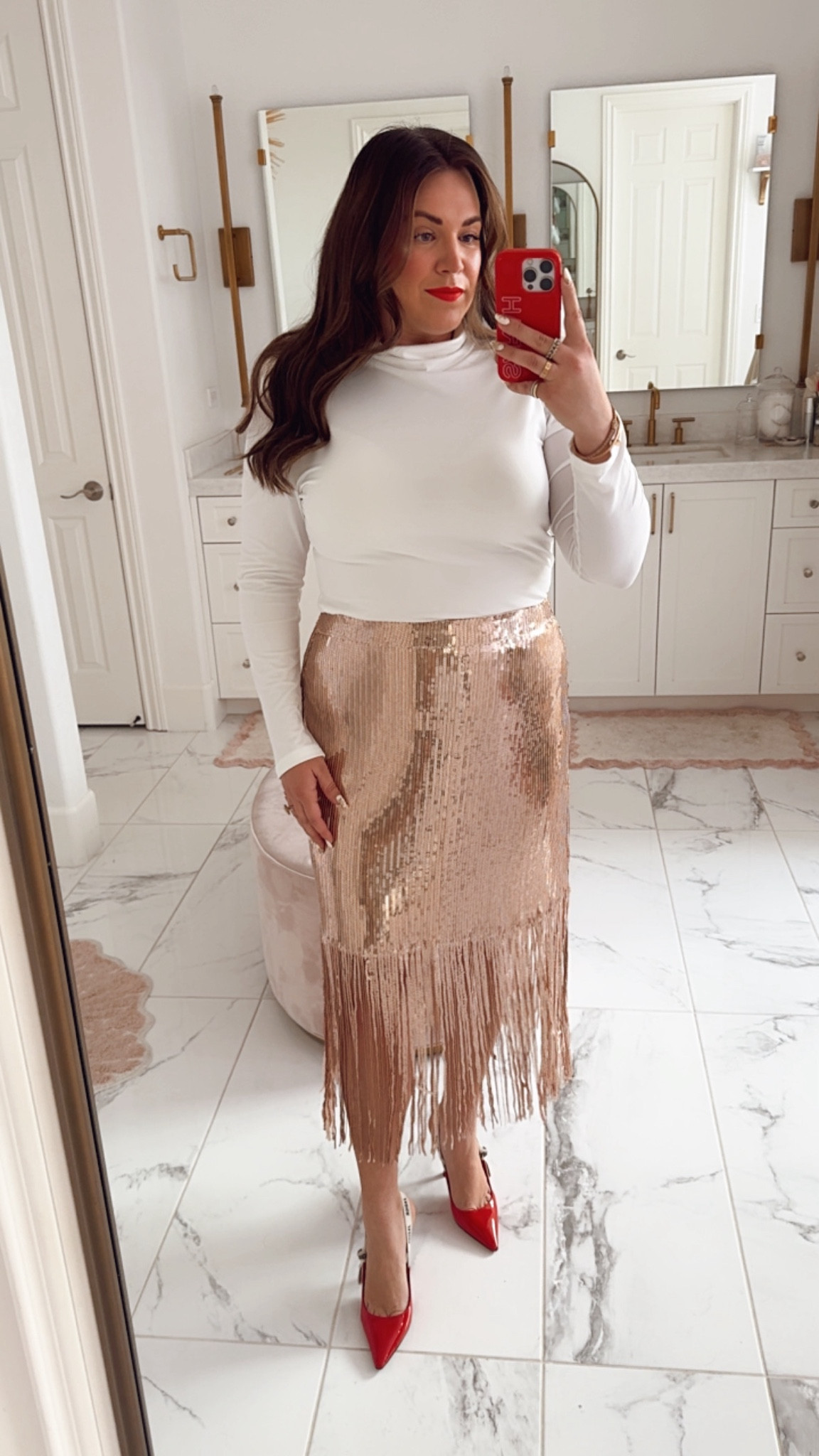 curvy Holiday look for christmas or new years! wearing size xl in white fitted top and size xl in rose gold fringe and sequin skirt. 

use code CHEER30SARAHT for 30% off until Nov 9th  

#LTKMidsize #LTKHoliday #LTKSeasonal