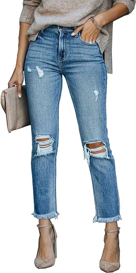GOSOPIN Women Ripped Slim Fit Jeans Boyfriend Distressed Ankle Denim Pants | Amazon (US)