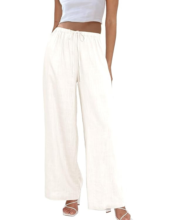 Duyang Womens Cotton Linen Palazzo Pants Drawstring Elastic Waist Casual Wide Leg Trousers with P... | Amazon (US)