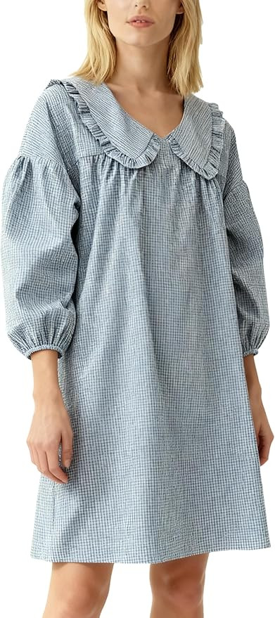 2025 Women's Babydoll 3/4 Puff Sleeve Plaid Mini Dress Lapel Doll Collar Loose Y2k Dress | Amazon (US)