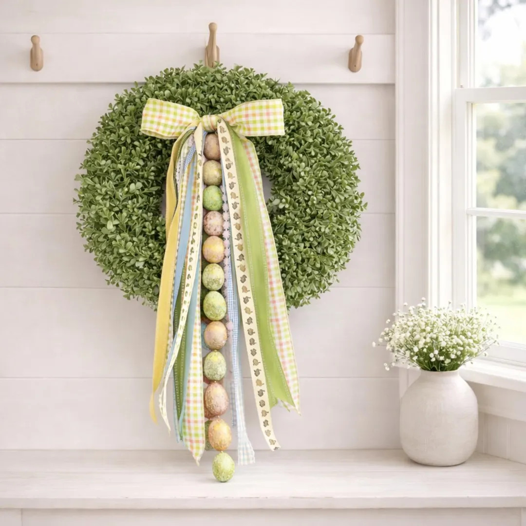 Pastel Easter Egg Wreath Neutral Bunny Front Door Decor Plaid Clip on Ribbon Set Bundle with Bow ... | Etsy (US)