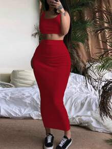VaVaBold Women's Solid Color Two Pieces Set Including Top And Skirt, Summer For New Year Clothes | SHEIN