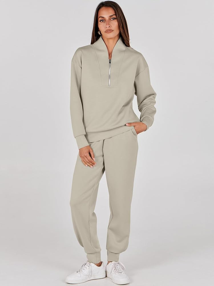 ANRABESS Womens 2 Piece Outfits Sweatsuit Half Zip Cropped Sweatshirt Jogger Sweatpants Travel Ma... | Amazon (US)