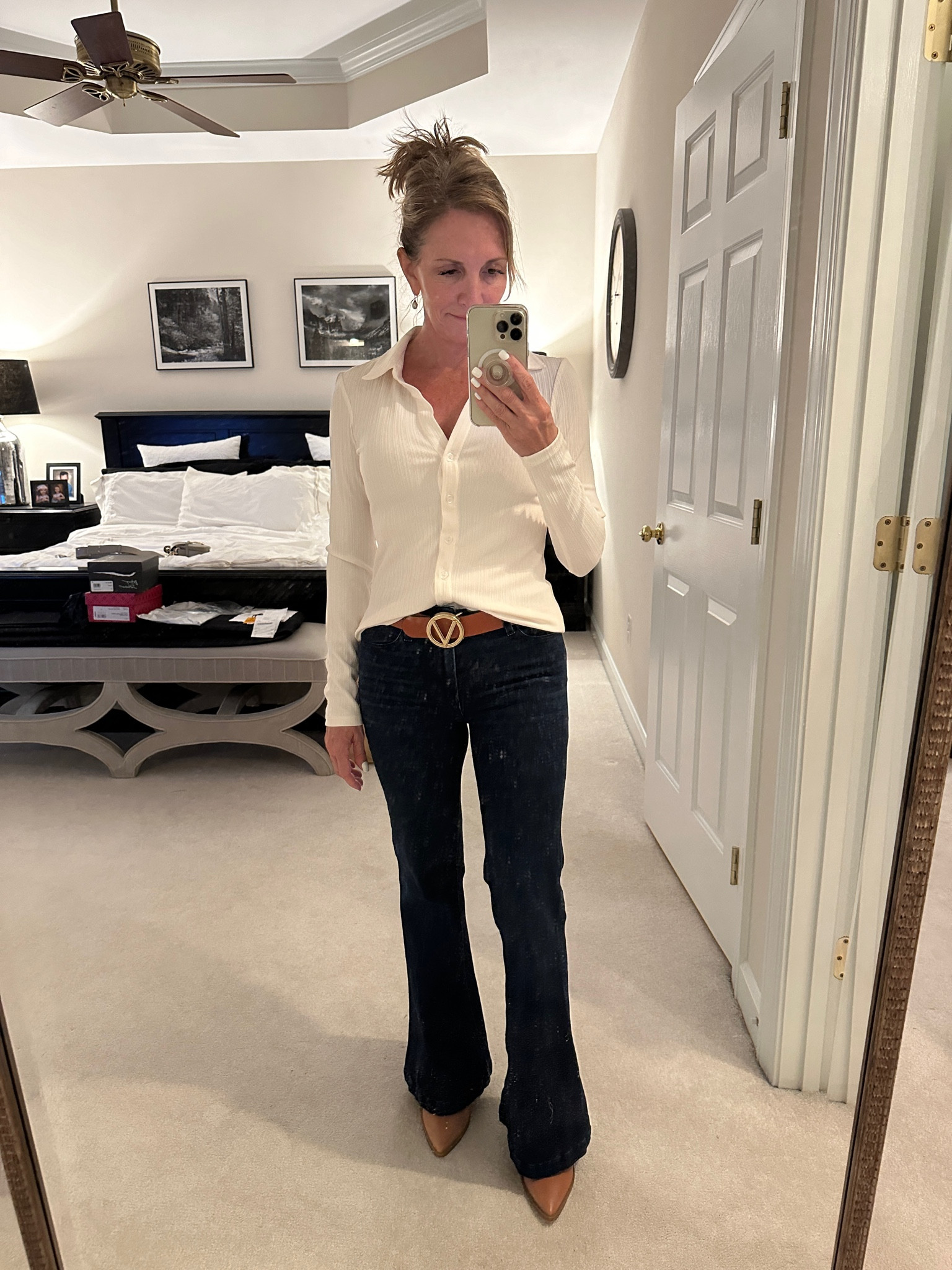 Fall will be here in a flash . Gearing up for cooler temps with a long sleeve button down blouse and stylish belt. 

#LTKSummerSales #LTKOver40 #LTKStyleTip