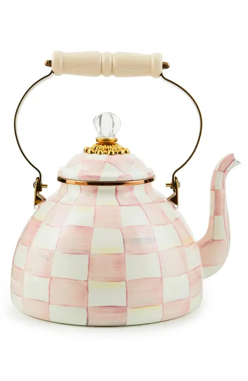 MACKENZIE CHILDS Rosy Check Enameled Steel 3-Quart Tea Kettle in Pink/White at Nordstrom | Nordstrom