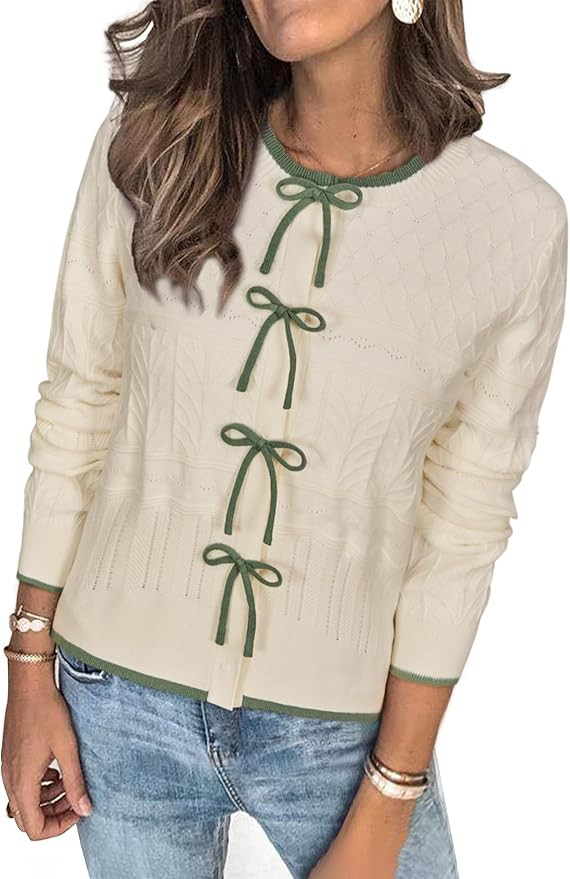 Arach&Cloz Women’s Bow Sweaters Fall Color Block Casual Cardigan Sweaters 2025 | Amazon (US)