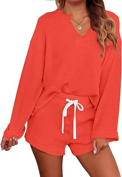 MEROKEETY Women's Long Sleeve Pajama Set Henley Knit Tops and Shorts Sleepwear Loungewear, Beige,... | Amazon (US)