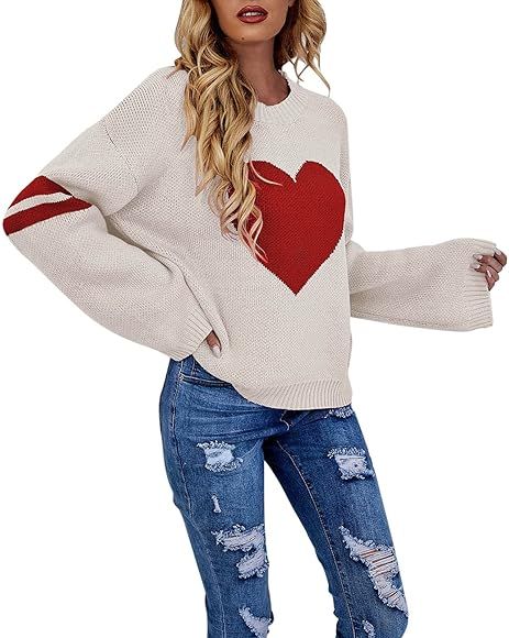CGGMVCG Heart Sweater for Women Long Sleeve Crewneck Cute Knitted Pullover Cropped Sweaters Valentin | Amazon (US)