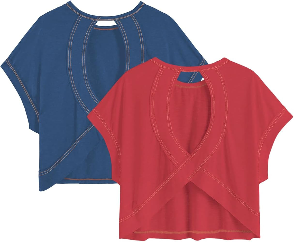 RoseSeek Girl's 2 Packs Open Back Backless Tops Criss Cross Short Sleeve T Shirts Crewneck Casual... | Amazon (US)