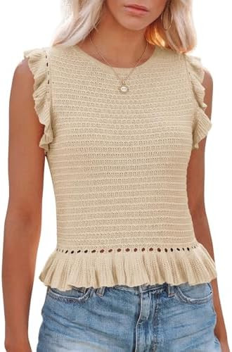 PiePieBuy Women's Summer Knit Tank Tops Crew Neck Sleeveless Cami Shirts Tees Ruffle Sweater Vest | Amazon (US)