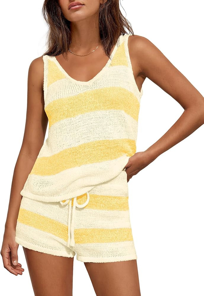 Yanekop Womens Striped Lounge Set 2 Piece Short Set Summer Sweater Sets Beach Vacation Outfits Ta... | Amazon (US)