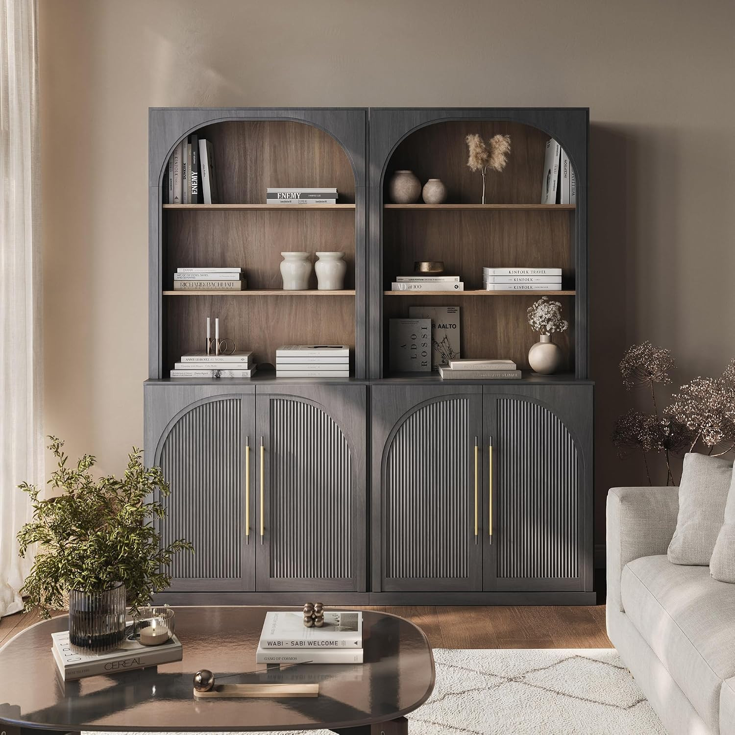 BELLEZE Storage Cabinet with Hutch Set of 2, 72" Tall Modern Wood Sideboard with 3-Tier Shelves, Curved Styling Door Cabinet Curio Cabinet for Office, Study, Kitchen, Living Room, Ebony | Amazon (US)