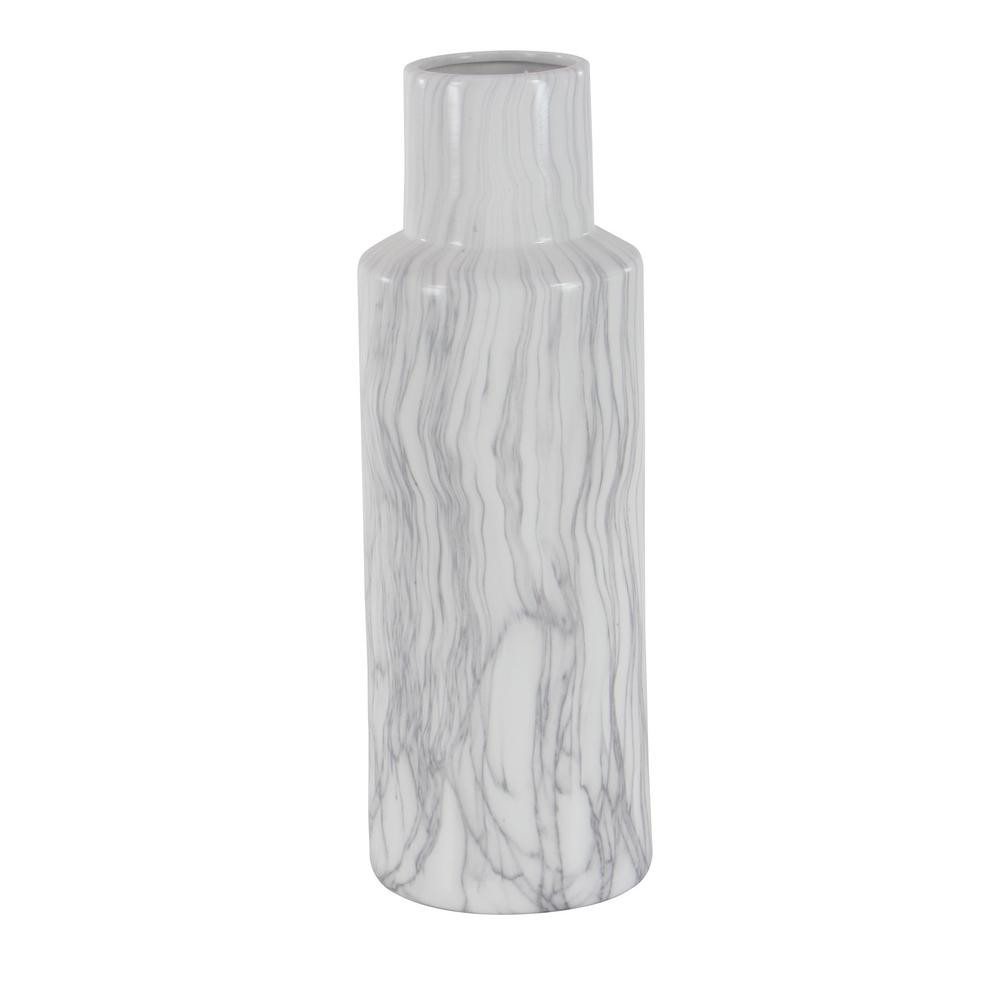 LITTON LANE 21 in. Classic Marble Cylinder White Ceramic Decorative Vase | The Home Depot