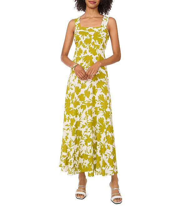 Woven Floral Print Square Neck Sleeveless Shift Maxi Dress | Dillard's