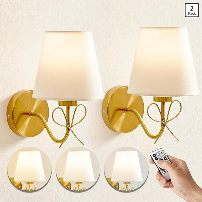 Battery Operated Wall Sconces Lights Set of Two Remote Control, Antique Brass Bow Sconces Recharg... | Amazon (US)