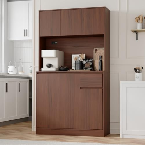 71" Tall Brown Kitchen Pantry Cabinet with 6 Doors & Power Outlet, Freestanding Storage Hutch wit... | Amazon (US)