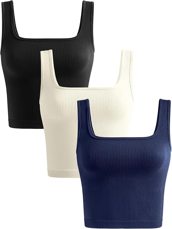 KIKIMINK Womens Crop Tank Tops 3 Pack Seamless Ribbed Sleeveless Square Neck Workout Yoga Gym Shi... | Amazon (US)