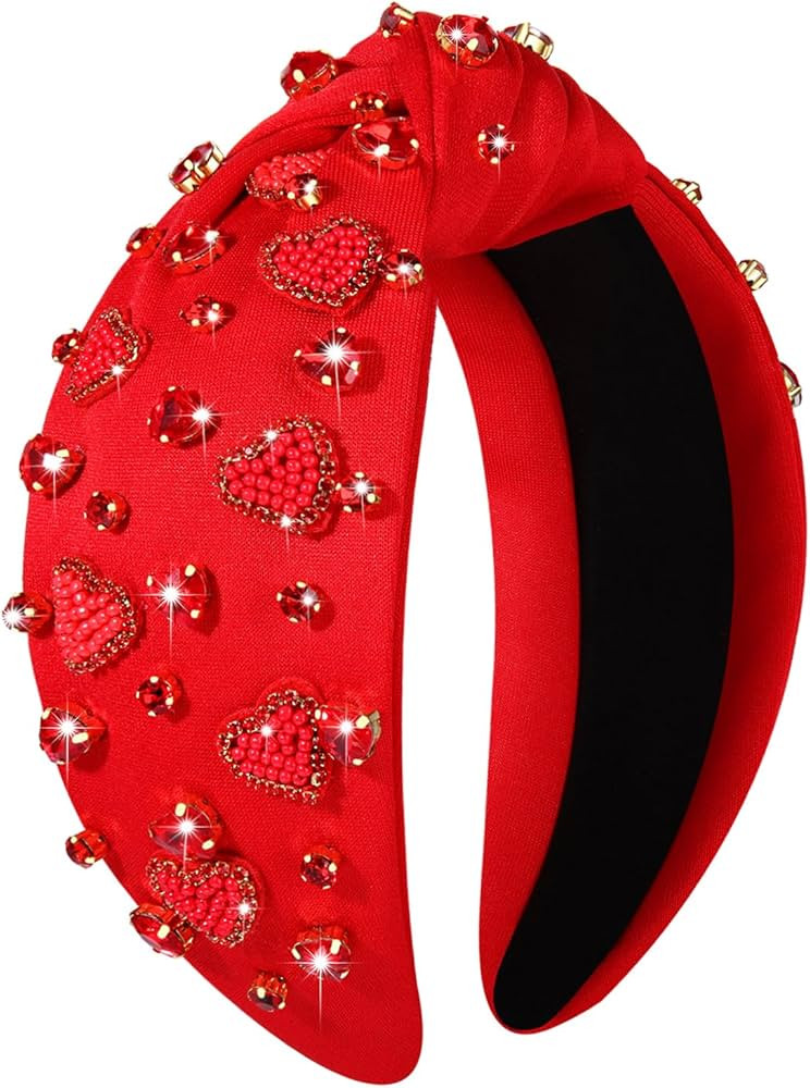 CEALXHENY Red Valentine's Day Headband for Women, Rhinestone Crystal Knotted Headband, Heart Hair... | Amazon (US)