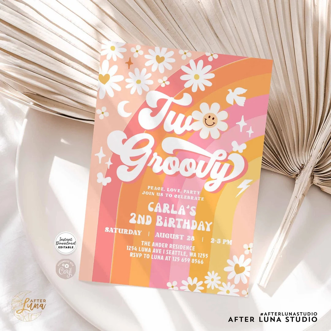 Editable TWO Groovy Birthday Invite Bright Pink Peach Two Groovy Birthday Daisy Hippie Birthday I... | Etsy (US)