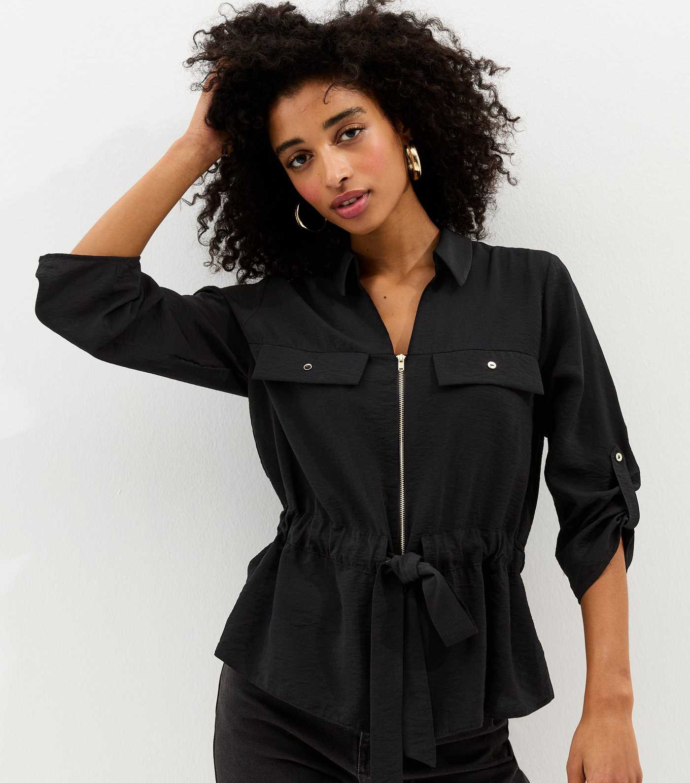 Black Zip Up Cropped Sleeve Shirt | New Look | New Look (UK)
