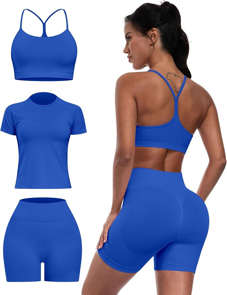 Women 3 Piece Workout Sets Seamless Running Tops Athletic Gym Yoga Short Y Back Sports Bras Outfi... | Amazon (US)