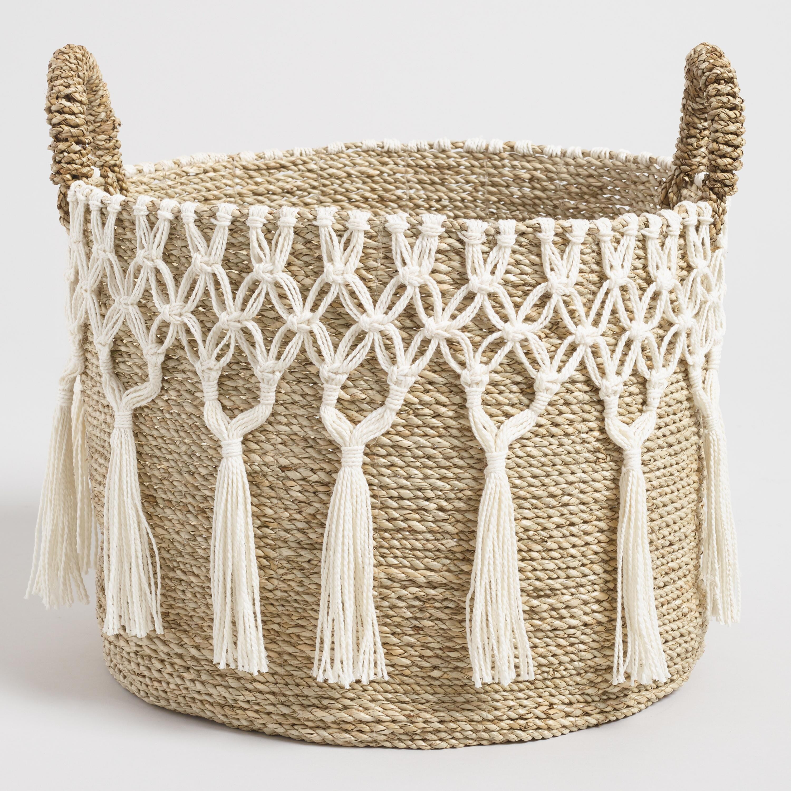Large Natural Seagrass Haven Basket with White Macrame | World Market