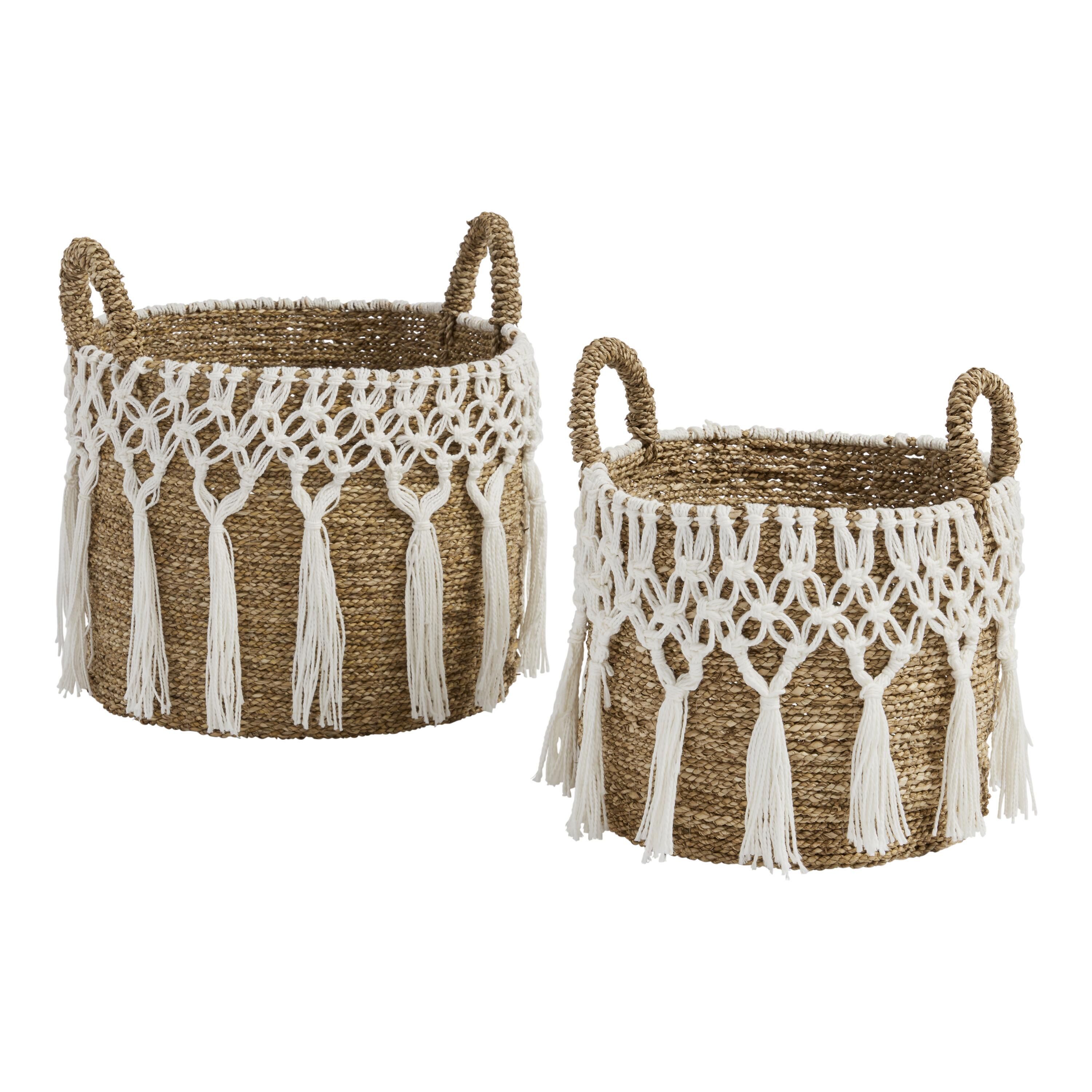 Large Natural Seagrass Haven Basket with White Macrame | World Market