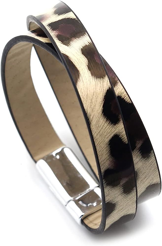 PEAS Punk Jewelry Leopard Print Bracelet Magnetic Wristband Leather Cuff Bracelet | Amazon (US)