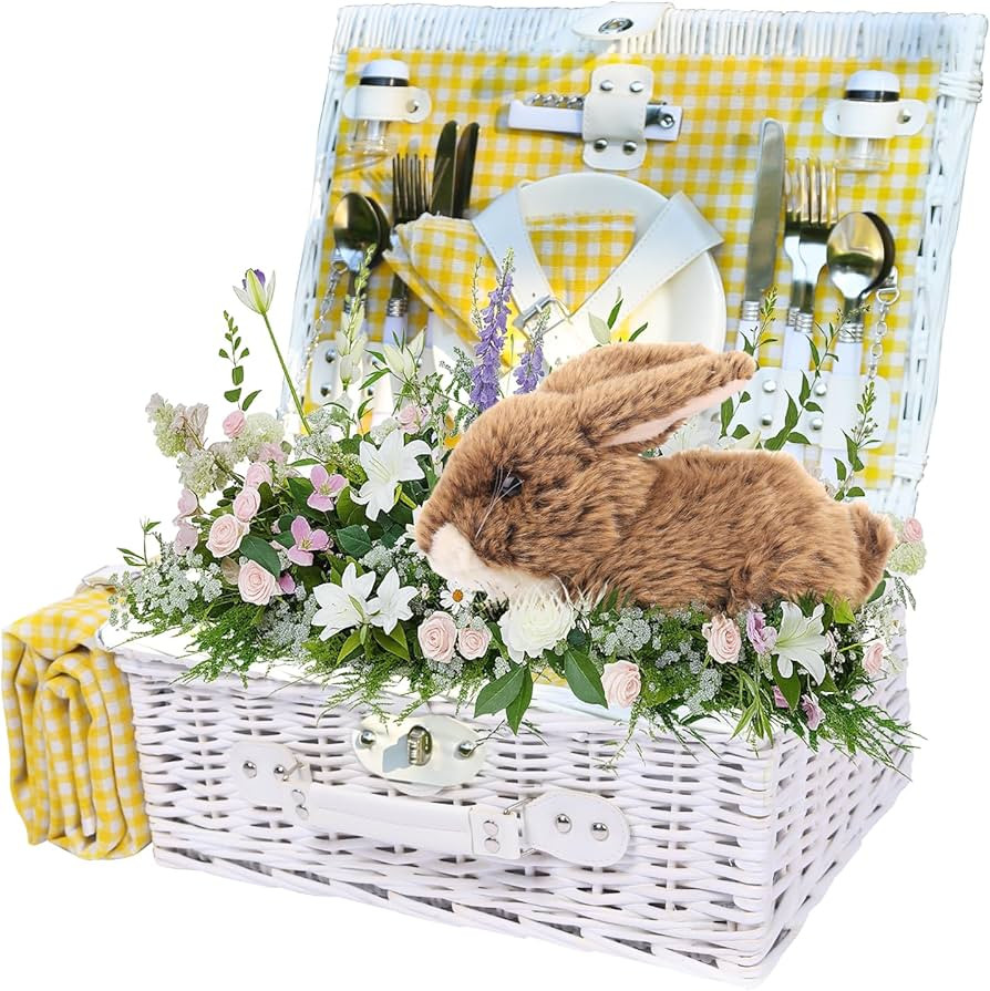 Wicker Picnic Basket Set for 4 Persons with Waterproof Picnic Blanket and Insulated Cooler, Large... | Amazon (US)