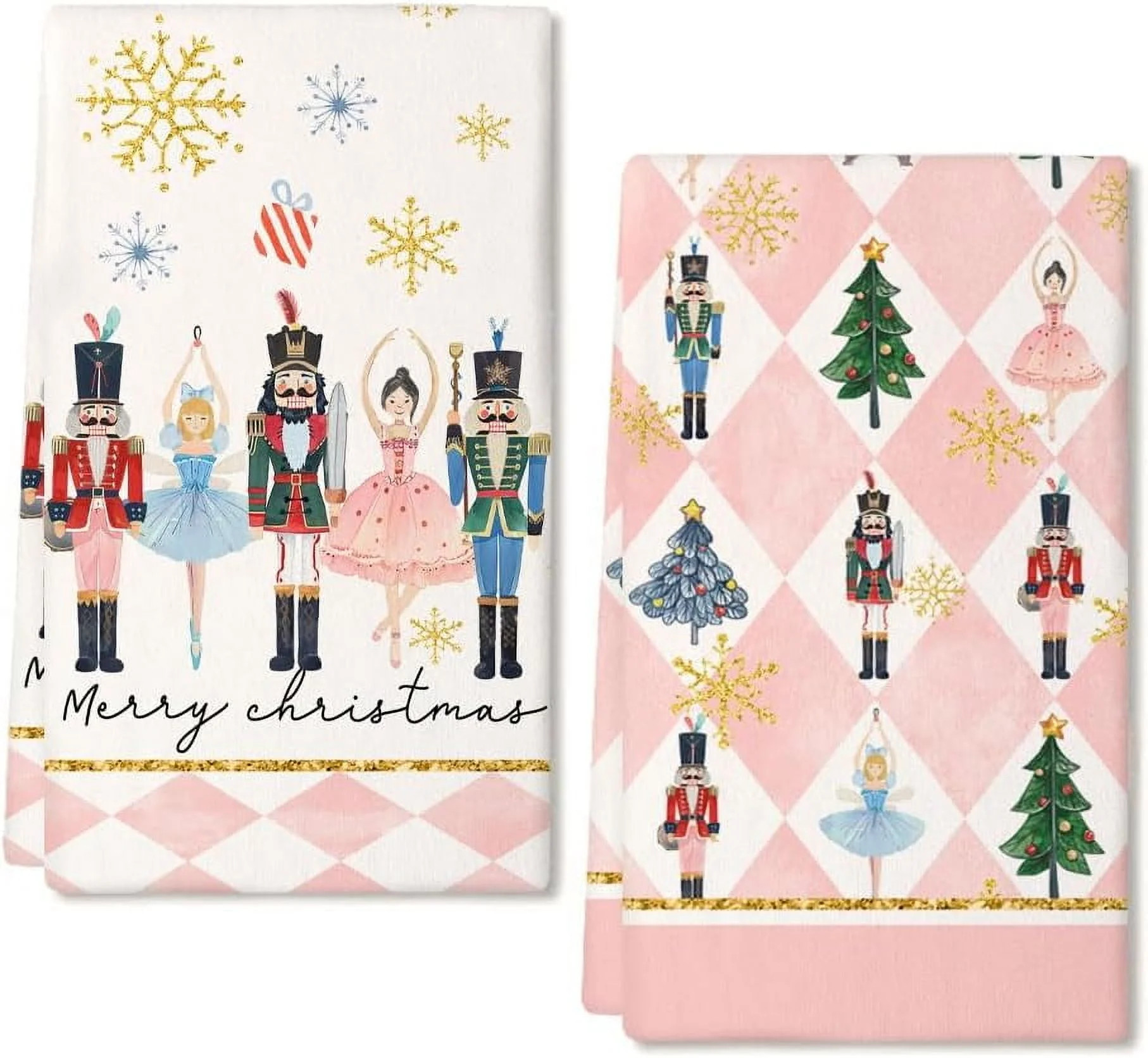 Nutcrackers Christmas Kitchen Towels Set of 2,Pink Snowflake Xmas Tree Dish Hand Towels Holiday H... | Walmart (US)