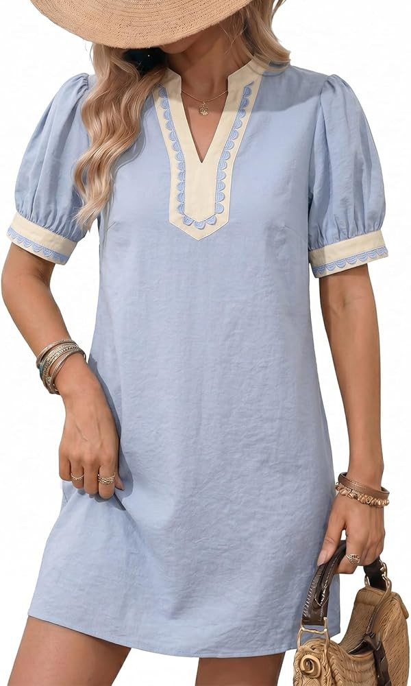 Dokotoo Summer Dresses for Women 2026 Boho Floral Puff Short Sleeve V Neck Trim Casual Mini Dress... | Amazon (US)