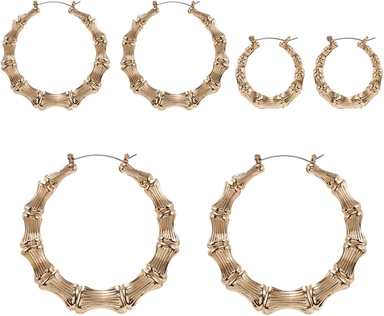 3Pairs Punk Bamboo Big Hoop Earrings for Girl Women Exaggerated Rock 14K Gold Silver Plated Polis... | Amazon (US)