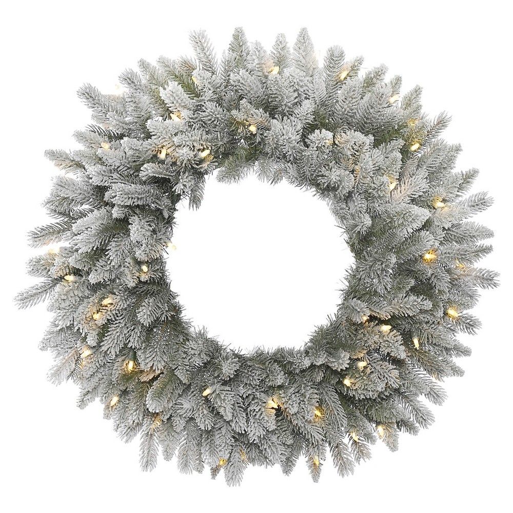 24 Pre-Lit Christmas Sable Wreath Flocked - White Lights, Green | Target