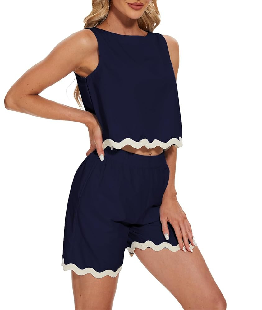 Womens Summer 2 Piece Short Set Ric Rac Cropped Tank Top Set Tracksuit Casual Matching Set | Amazon (US)