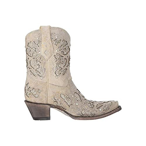 CORRAL Women's Snip Toe Wedding Embroidered Glitter Inlay and Crystals Handcrafted Pull-On Leather Over-The-Ankle Mid Calf Boot, White, 6.5 | Amazon (US)