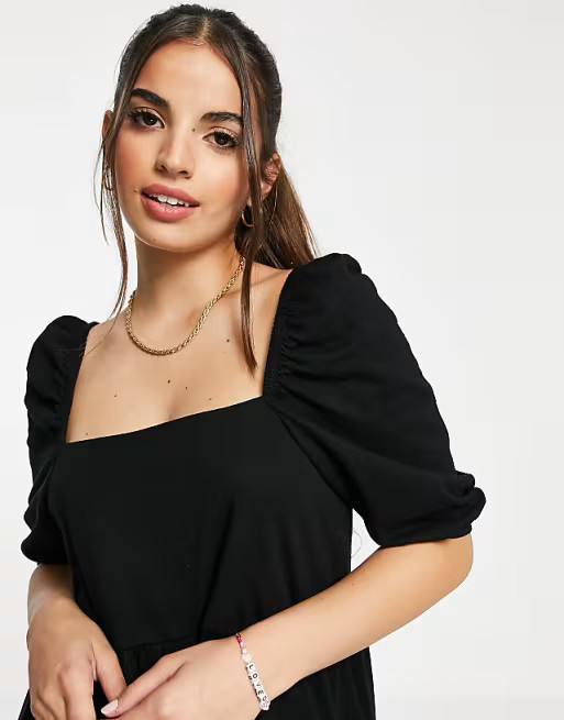 ASOS DESIGN square neck gathered puff sleeve midi dress in black | ASOS (Global)