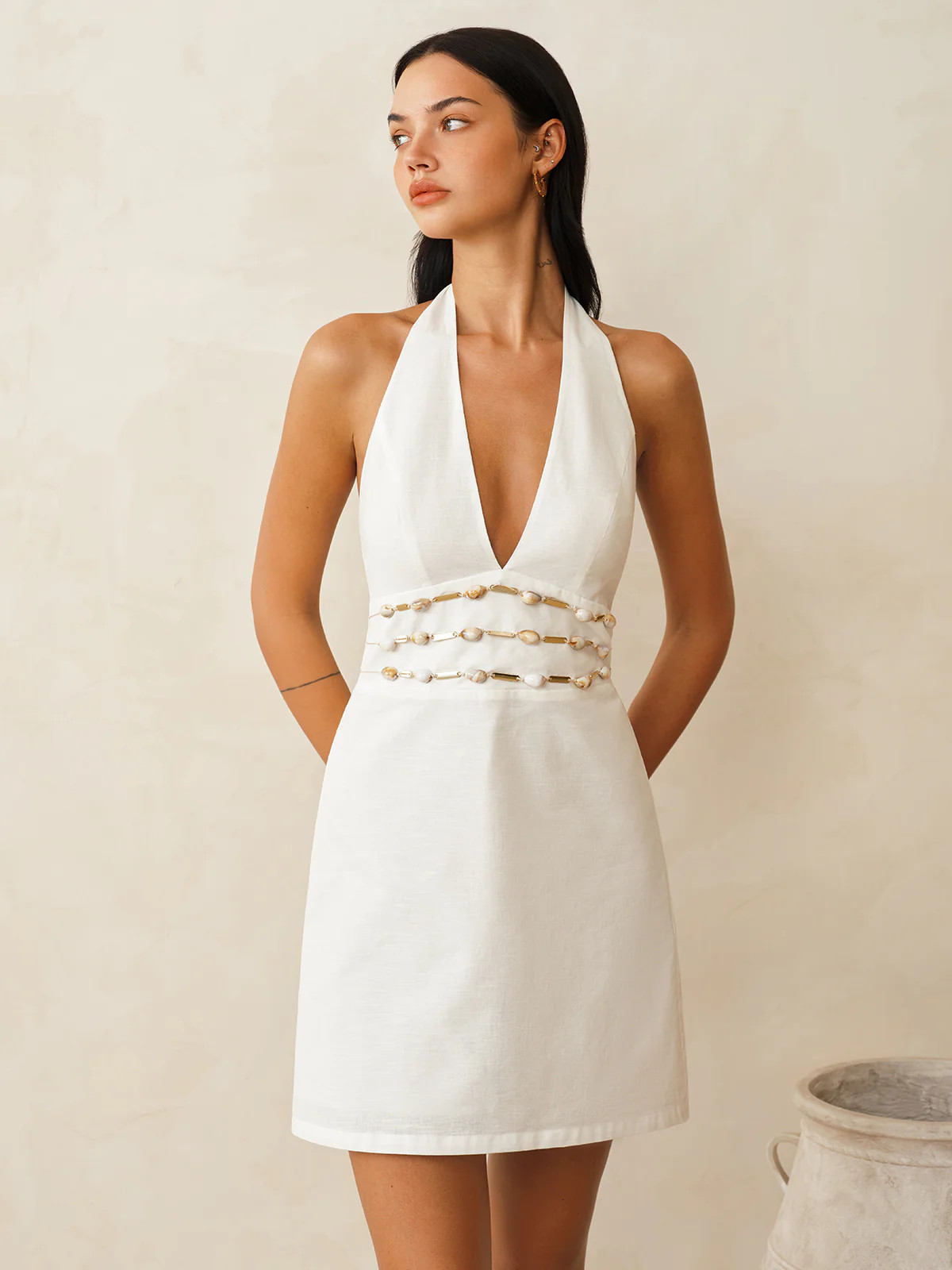 Cotton Linen Halter Shell Waist Mini Dress | Commense