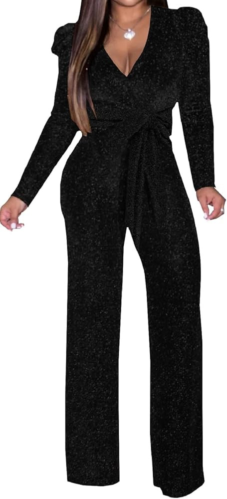 Women's Sparkly Jumpsuits Sexy Long Sleeve Cocktail Elegant Mock Neck Bodycon Straight Long Pants... | Amazon (US)