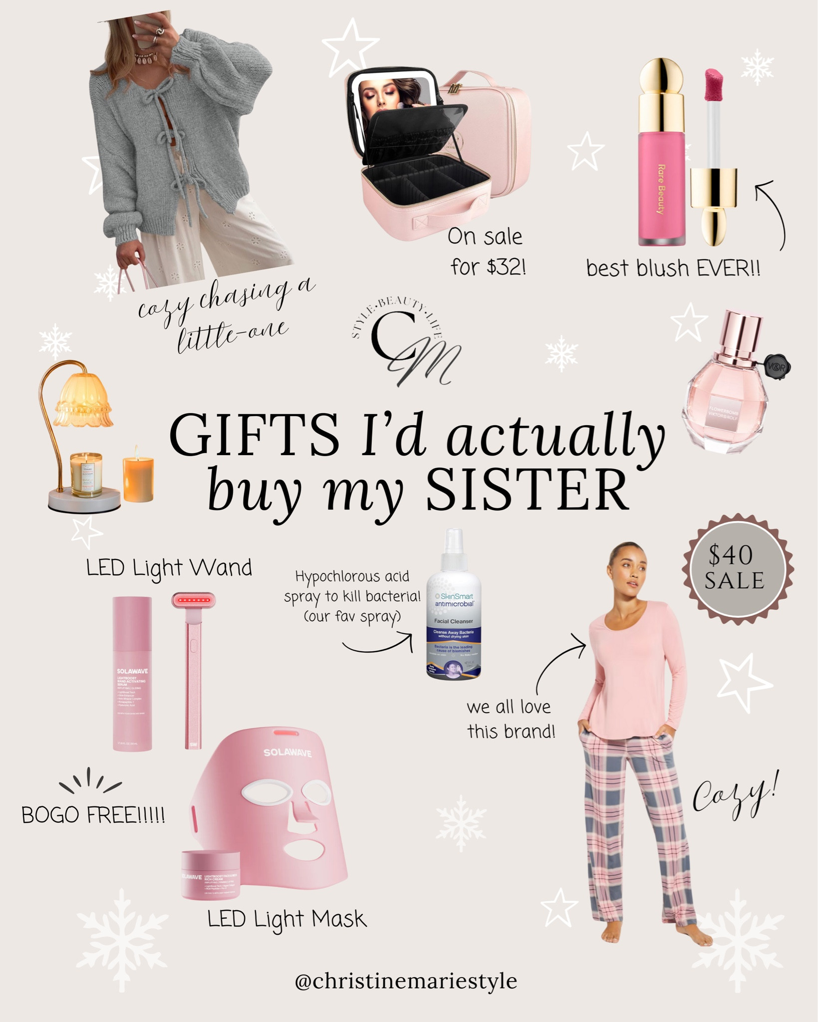 Gifts for sister(s)
LED light therapy mask, pajamas, candle warmer, rare beauty blush, travel makeup cosmetic bag, perfume, Antimicrobial spray.







Gifts for her
Gifts for sister
Gifts for girlfriend
Gifts for mom
Gifts for wife 


#LTKHoliday #LTKSaleAlert #LTKGiftGuide