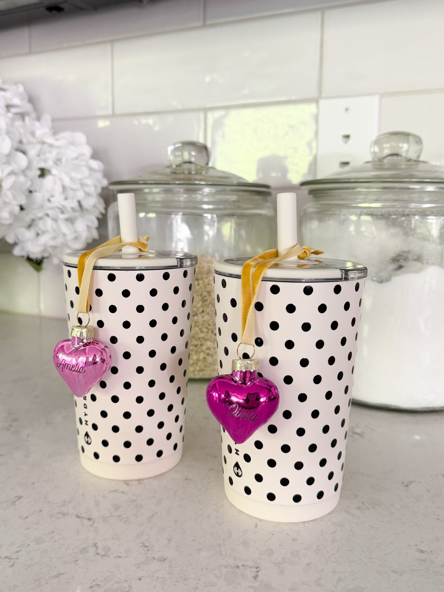 14 OZ POLKA DOT HYDROJUG! Back home and I'm excited to give the girls these new Hydrojugs! I filled them with charms and goodies from the Summit. Also how cute are these ornaments engraved with their names?!

#LTKHome #LTKSeasonal #LTKTravel