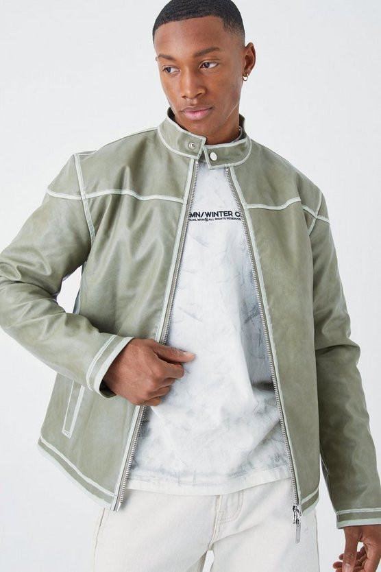 Regular Washed Seam Detail Pu Biker | boohooMAN (DE, IE & UK)