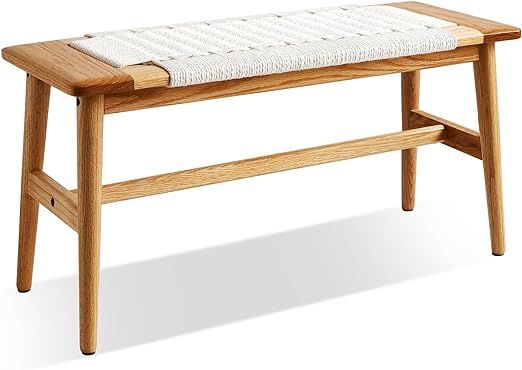 100% Solid Oak Wood Bench,Hand Woven Chair Surface Design,Solid Structure of Chair Legs,Bedroom B... | Amazon (US)