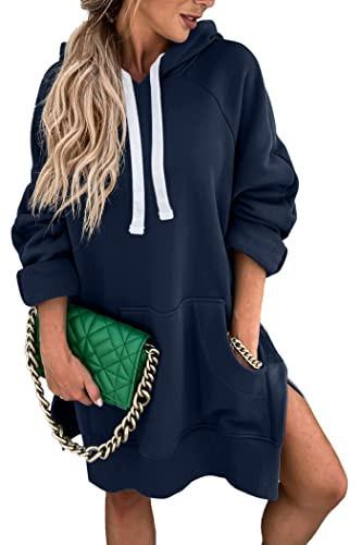 PRETTYGARDEN Oversized Sweatshirt for Women 2025 Fall Pullover Casual Long Sleeve Split Hem Hoodie Dress with Kangaroo Pocket (Navy,Medium) | Amazon (US)
