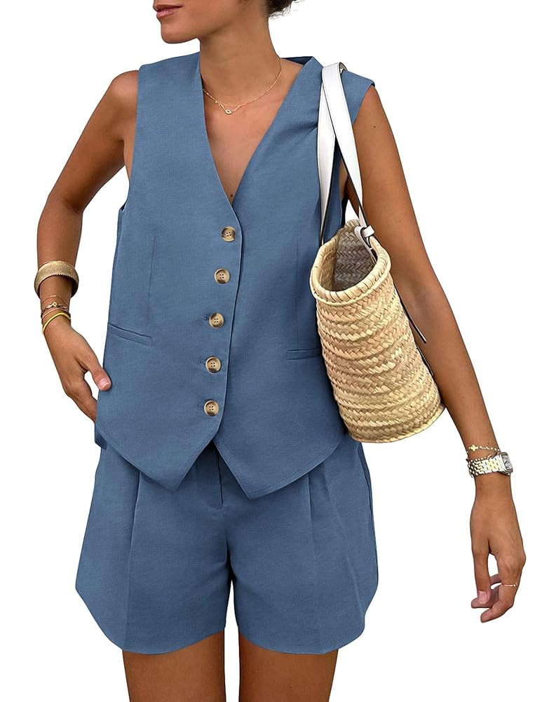 PRETTYGARDEN Women's Summer 2 Piece Outfits Sleeveless Matching Sets Button Down V Neck Vest Wais... | Amazon (US)